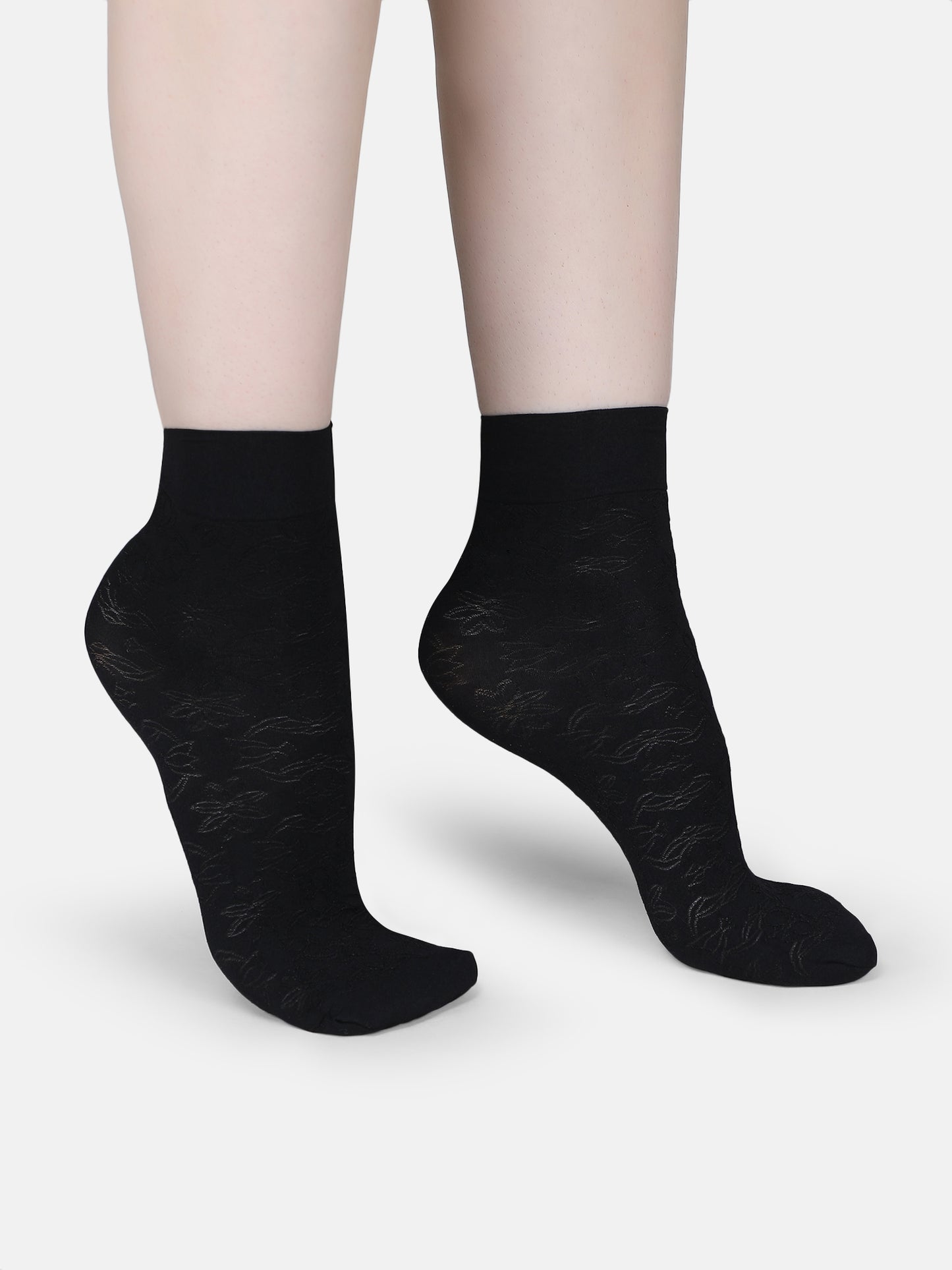 Women Nylon Opaque Ankle Socks Without Thumb Soft, Stretchable Floral Pattern (Black/Skin)