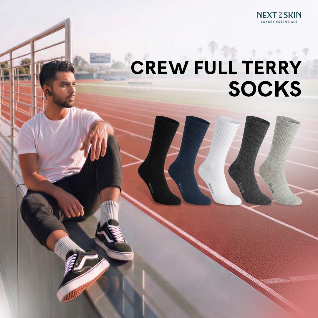 NEXT2SKIN Men Terry Full Crew Length Breathable Cotton Blend Socks (White) Pack of 3