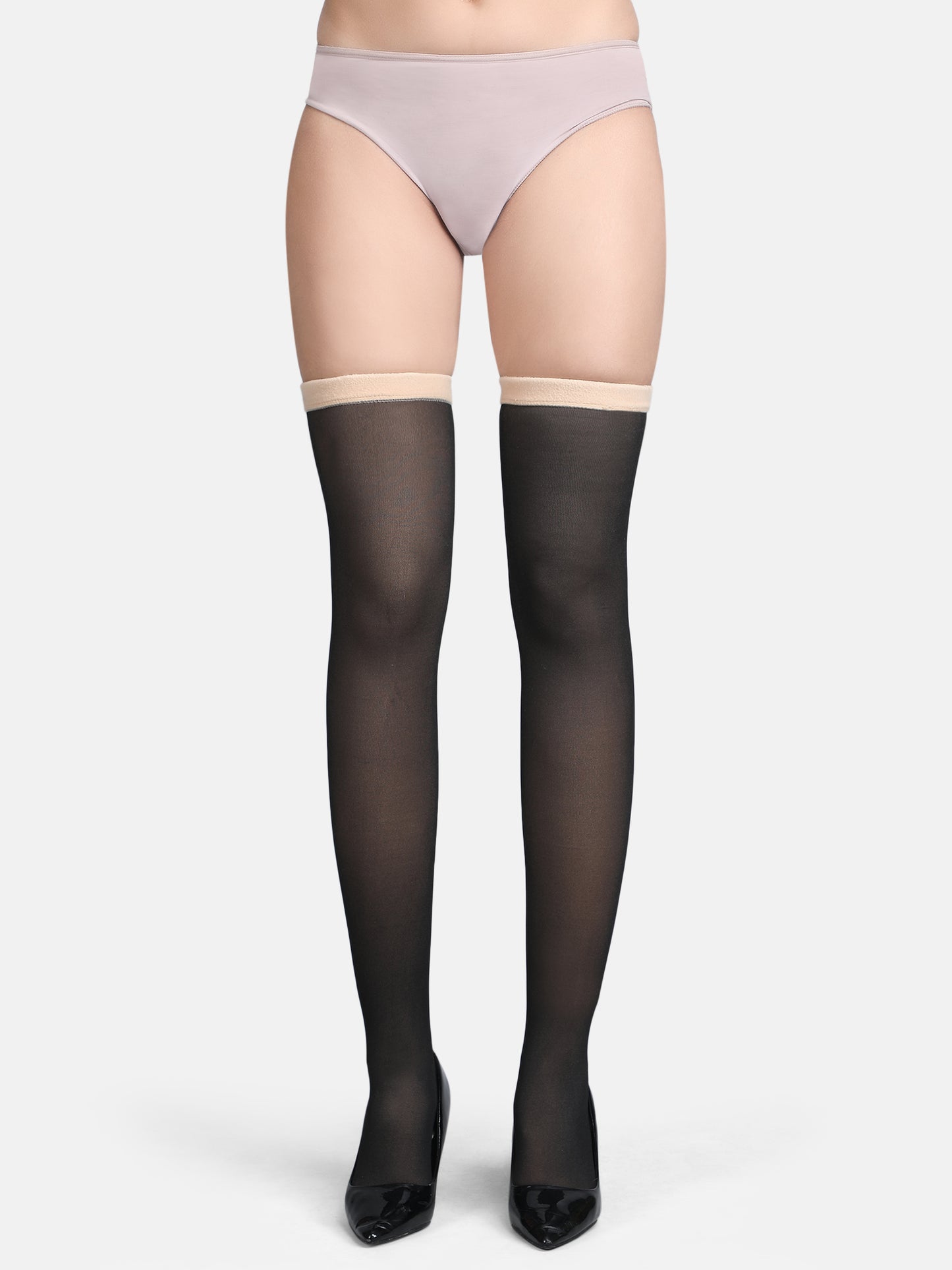 Dual Tone Fleece Thigh Stockings-Black