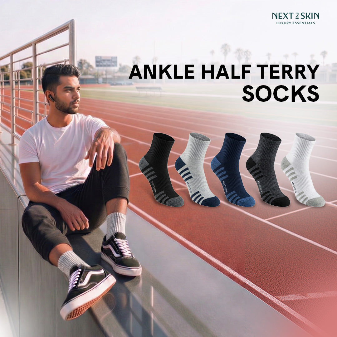 NEXT2SKIN Men Terry Half Ankle Length Breathable Cotton Blend Socks (Multicolor) Pack of 3