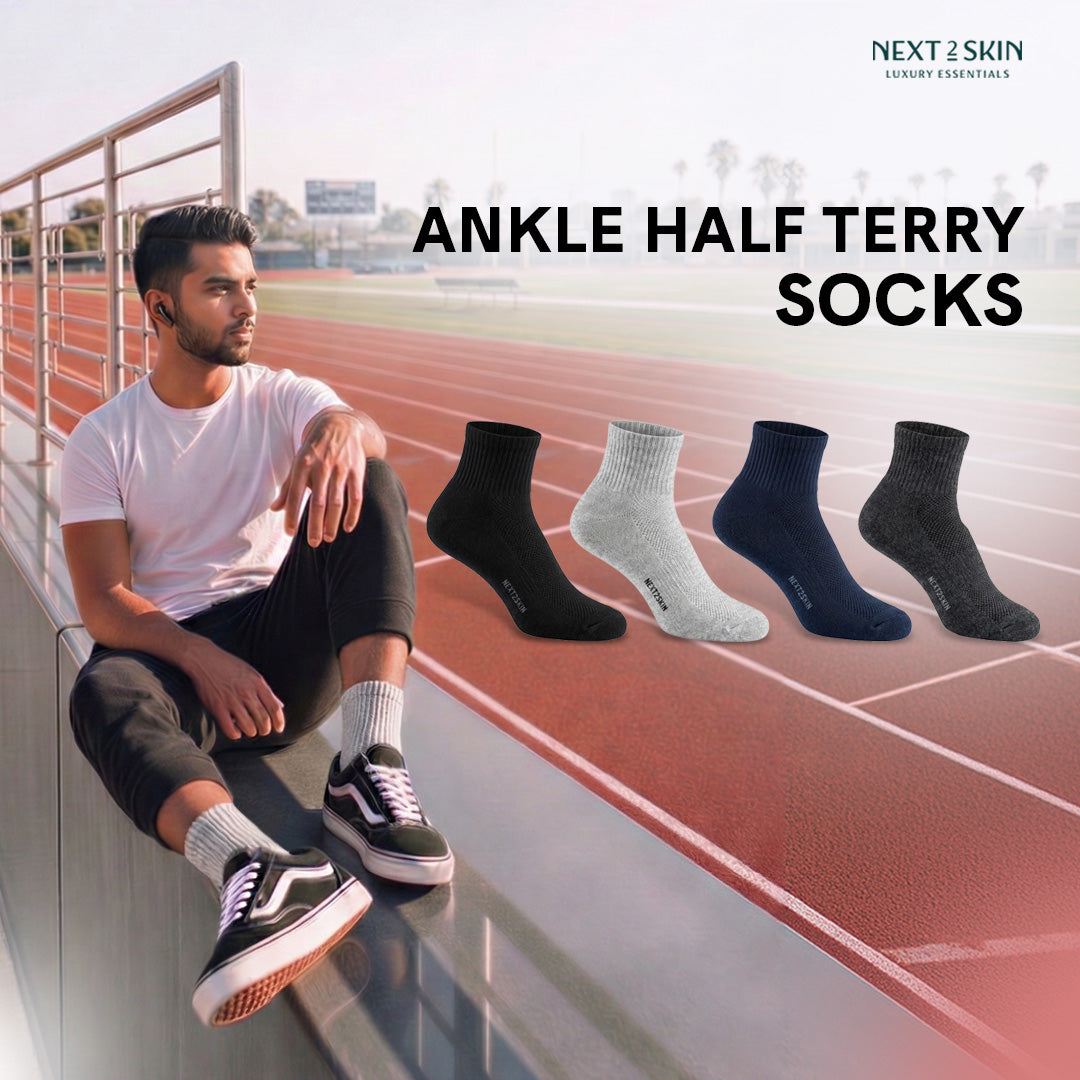 NEXT2SKIN Men Terry Half Ankle Length Breathable Cotton Blend Socks (Multicolor) Pack of 3