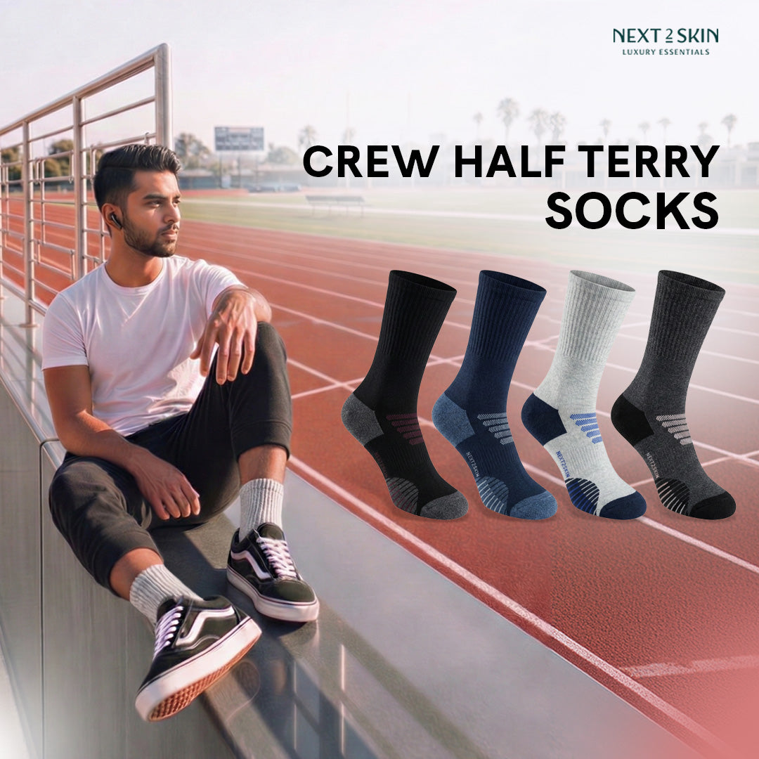 NEXT2SKIN Men Terry Half Crew Length Breathable Cotton Blend Socks (Multicolor) Pack of 3