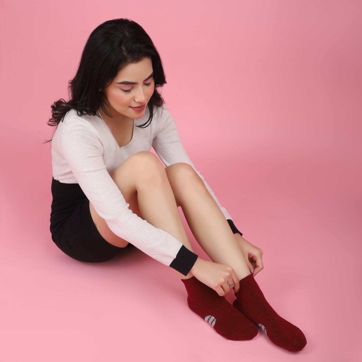 Striped Ankle Terry Socks-Maroon