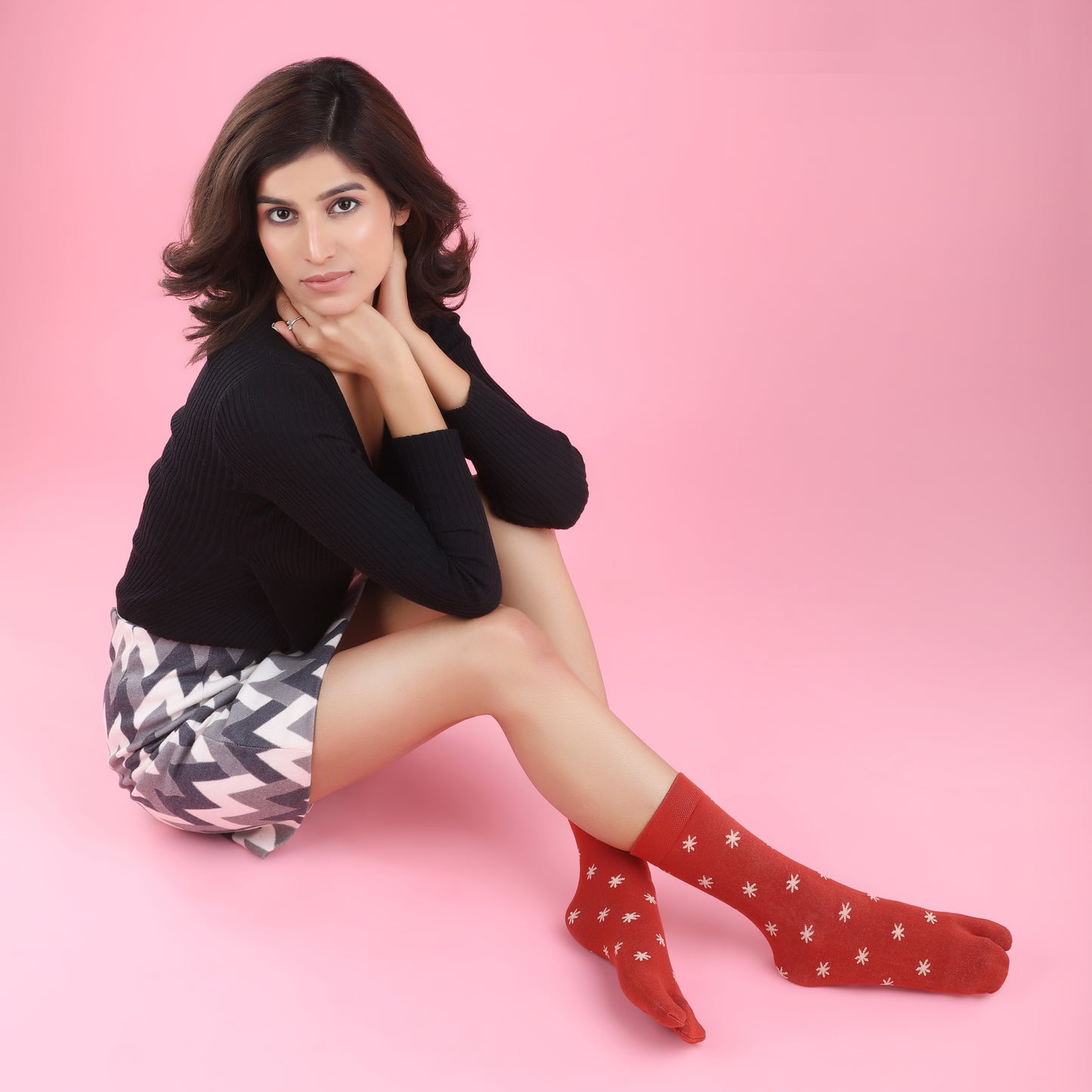 Flower Pattern Ankle Thumb Socks-Red