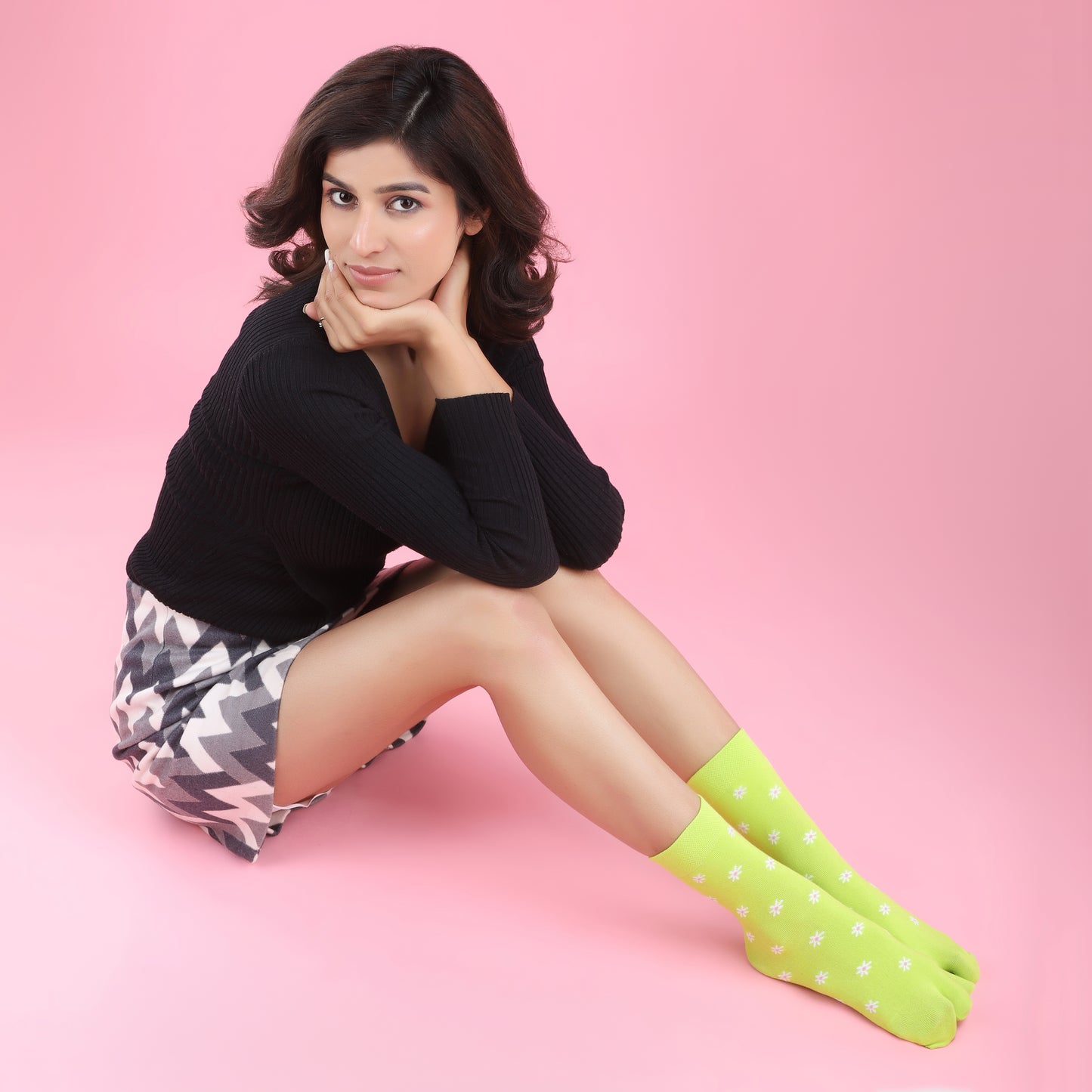 Flower Pattern Ankle Thumb Socks-Parrot Green