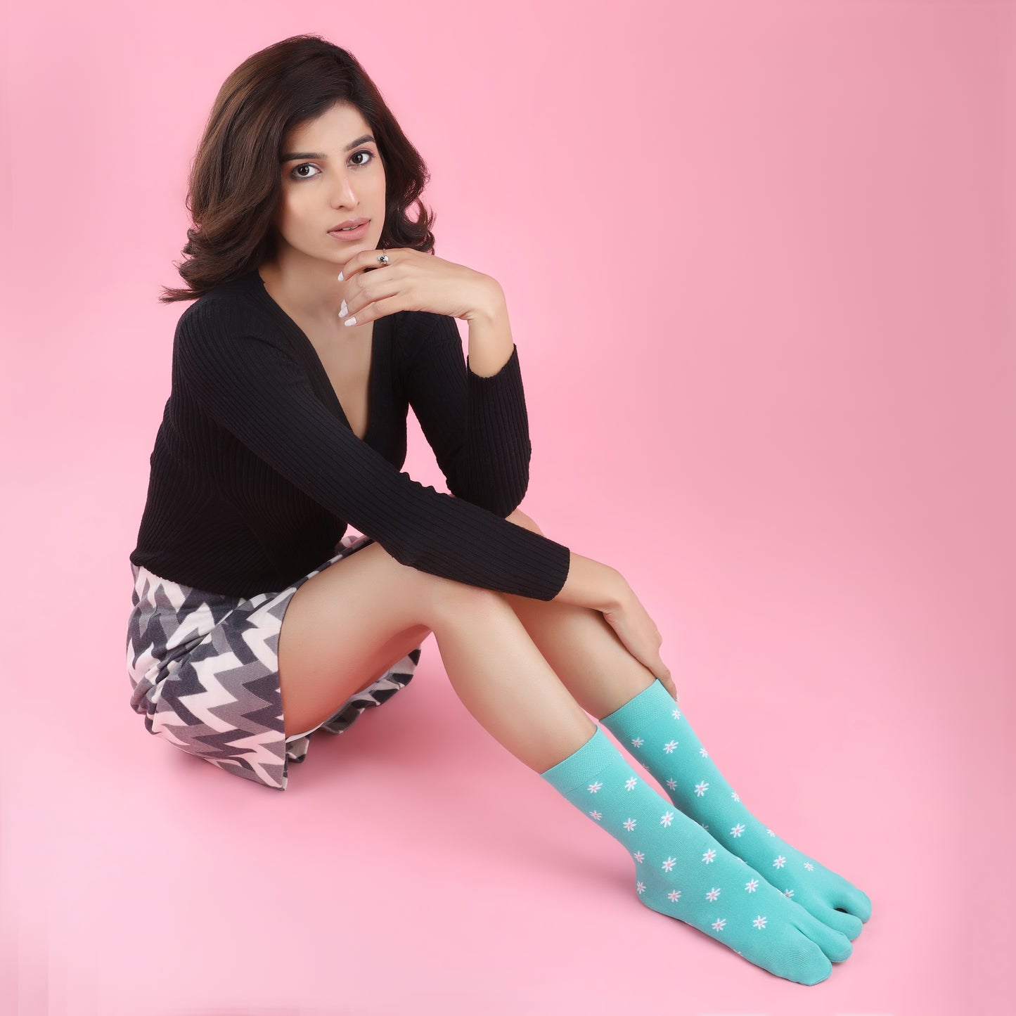 Flower Pattern Ankle Thumb Socks-Aqua