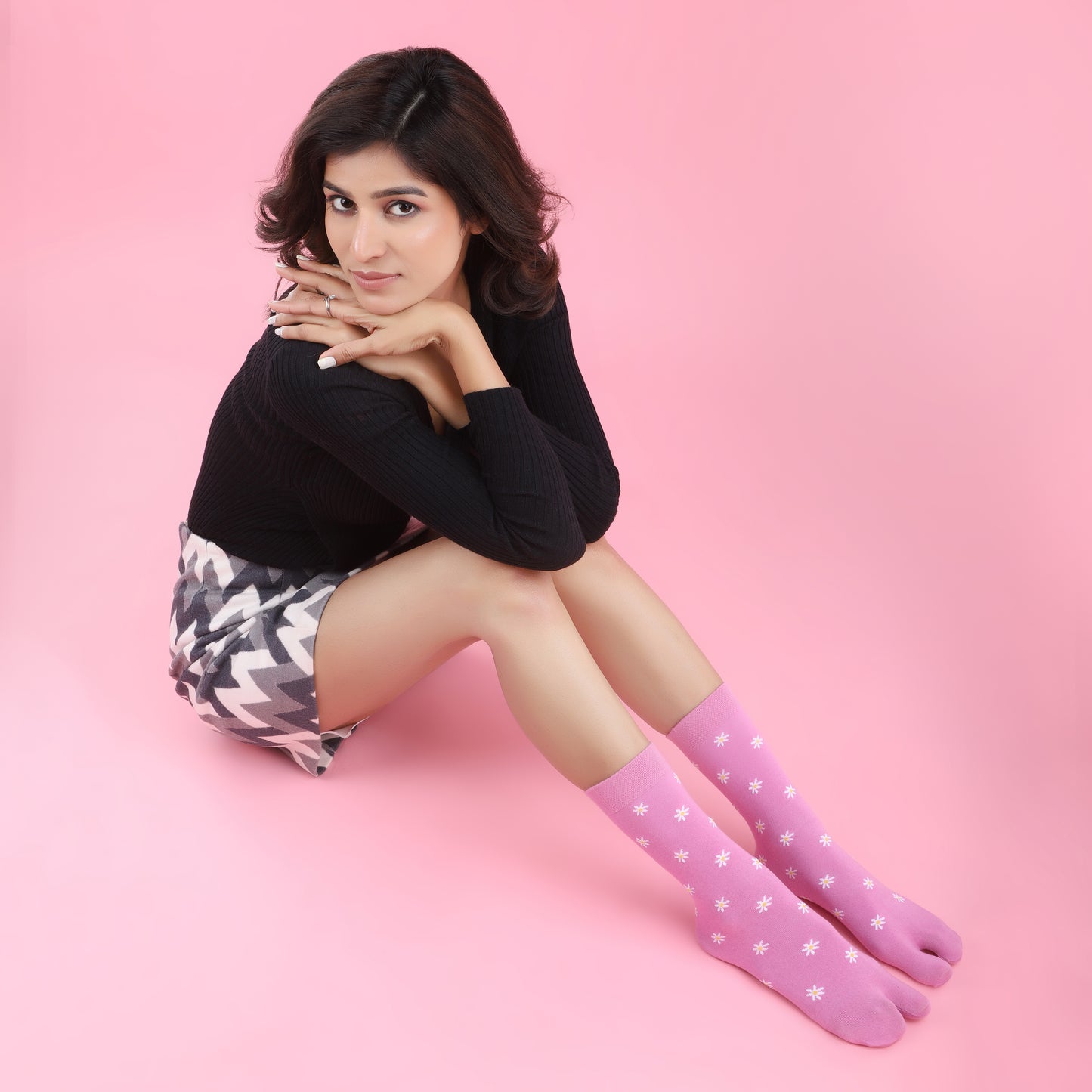 Flower Pattern Ankle Thumb Socks-Pink