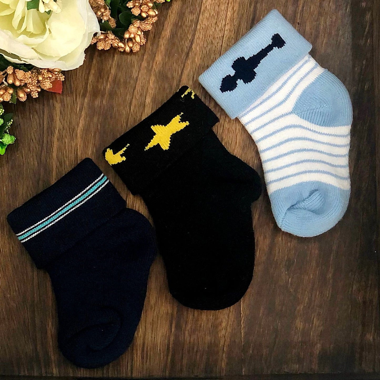 New Born Baby Cotton Terry Socks (Navy Blue:Black:Sky Blue)