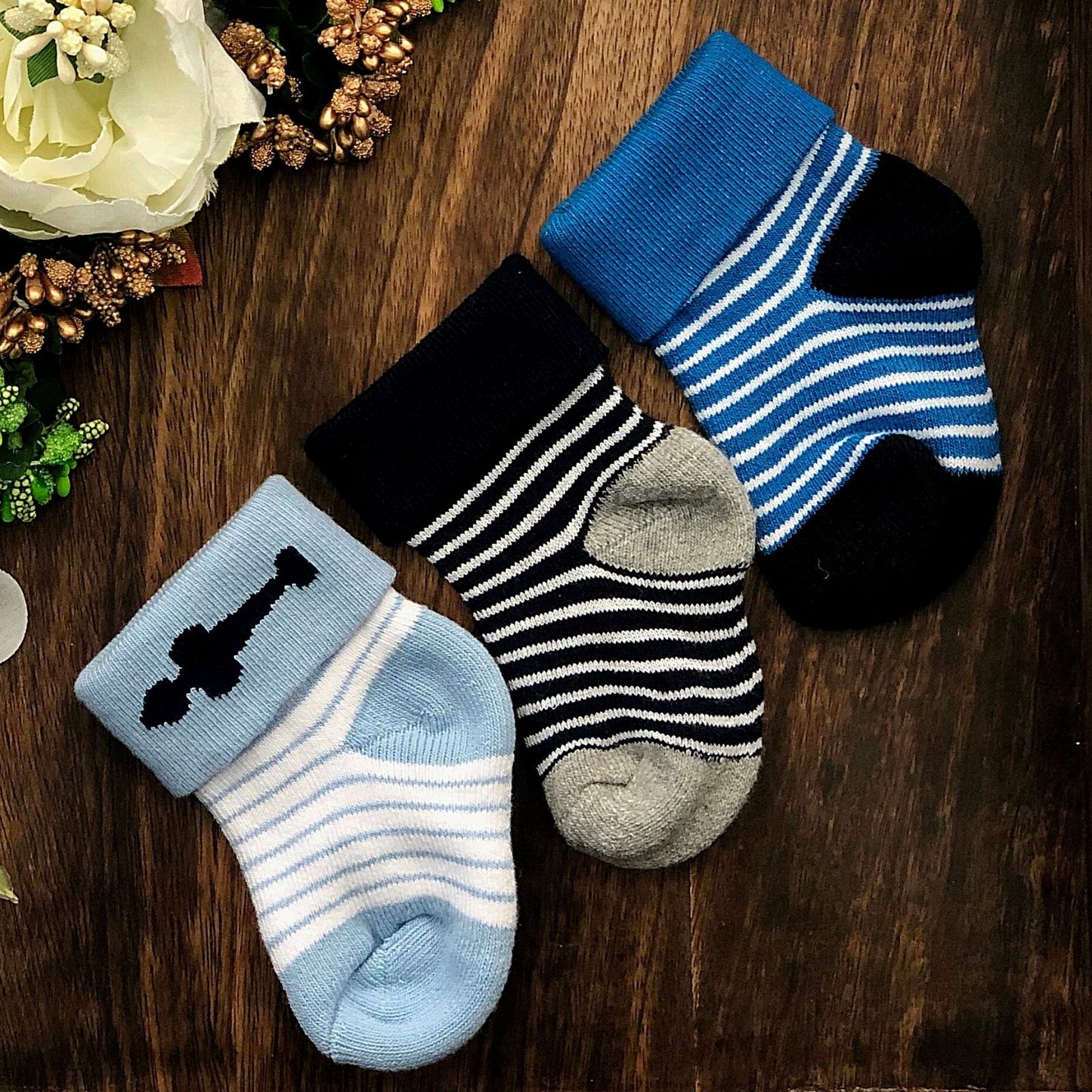New Born Baby Cotton Terry Socks (Sky Blue:Grey:Blue)