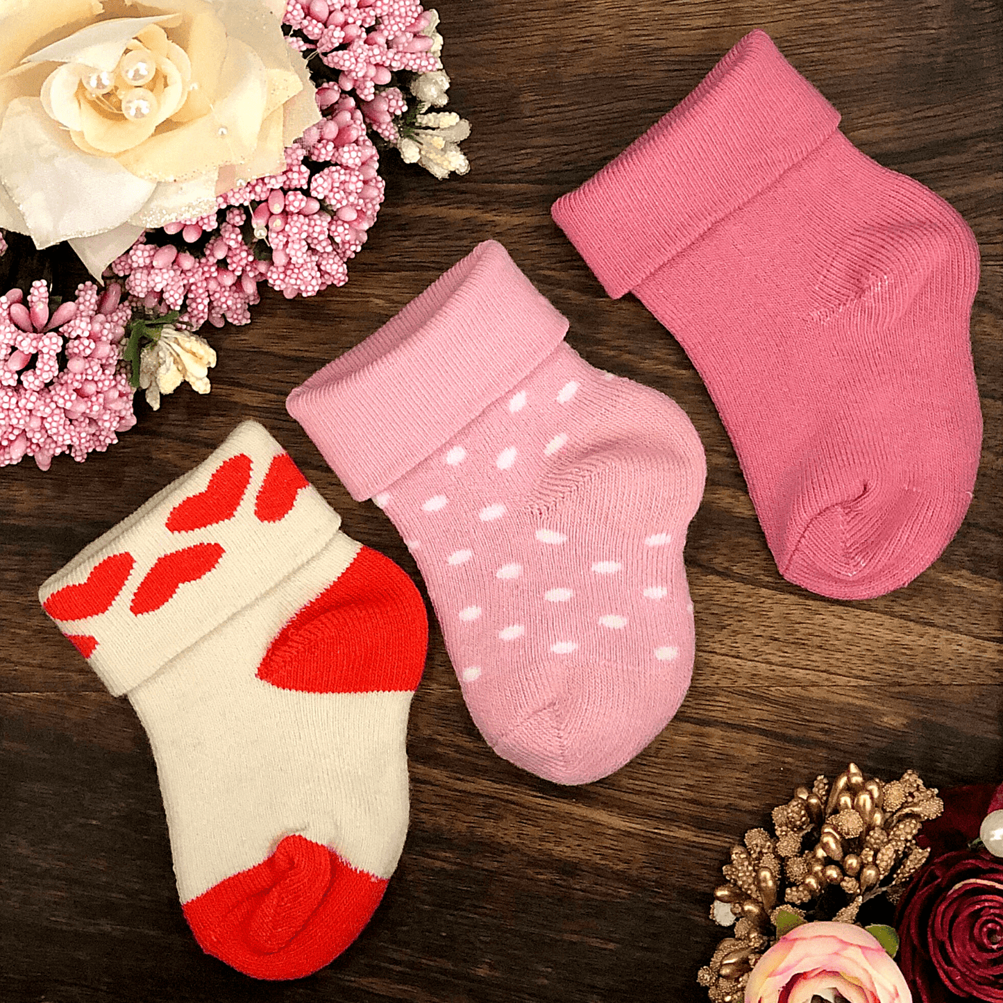 New Born Baby Cotton Terry Socks (Cream:Baby Pink:Peach)