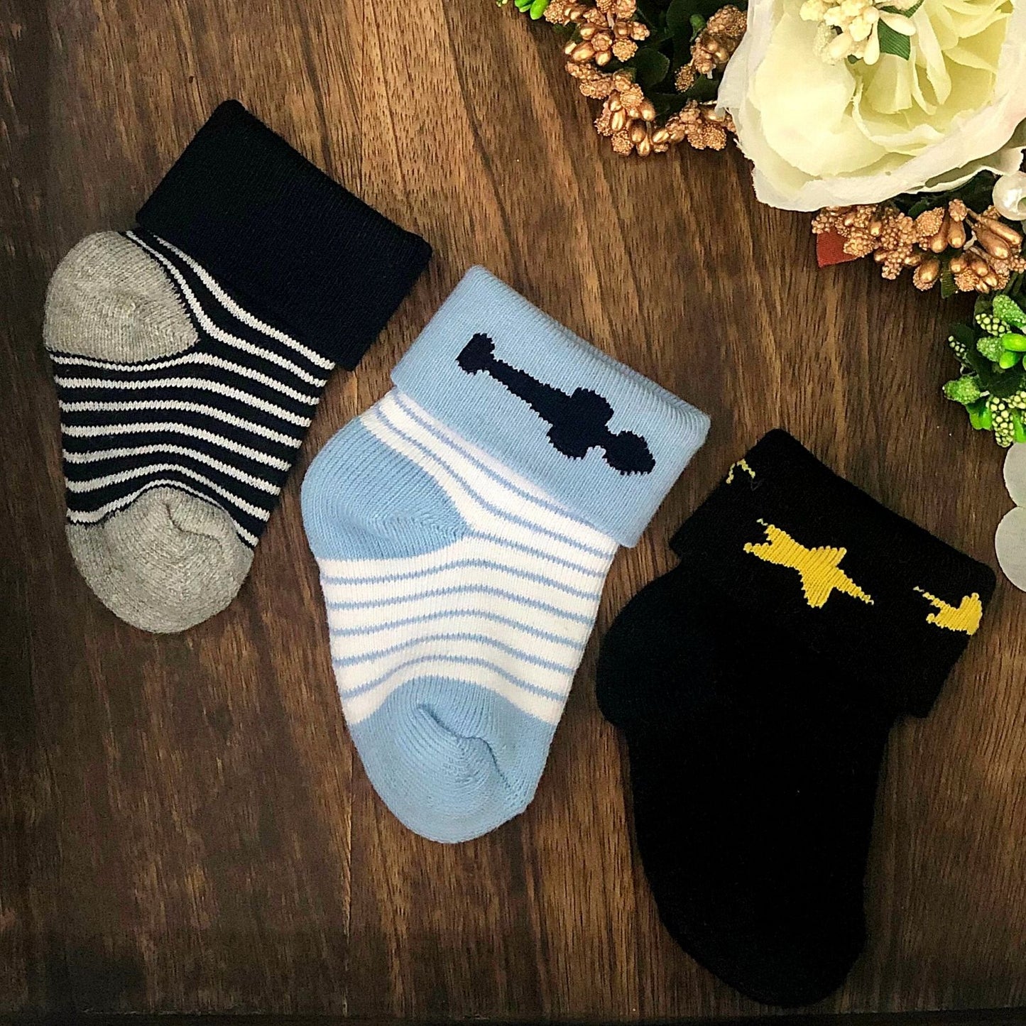 New Born Baby Cotton Terry Socks (Black:Sky Blue:Grey)