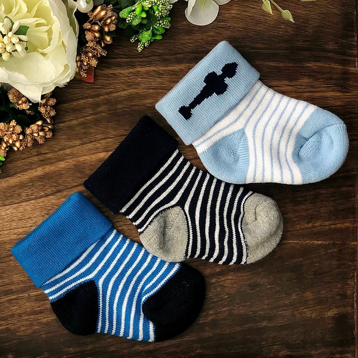 New Born Baby Cotton Terry Socks (Sky Blue:Grey:Blue)
