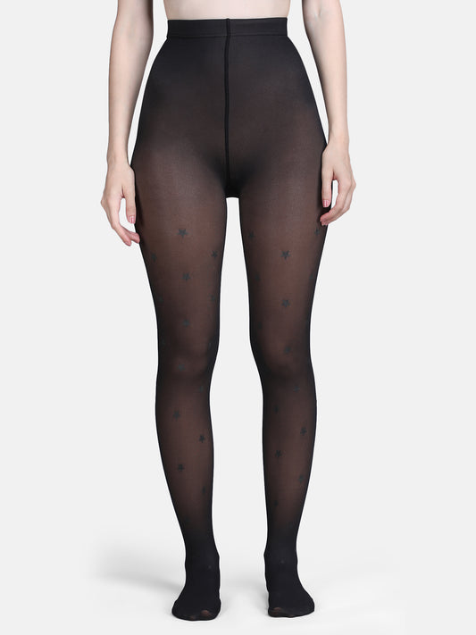 Dual-Tone Faux Sheer Star Pattern Stockings-Black