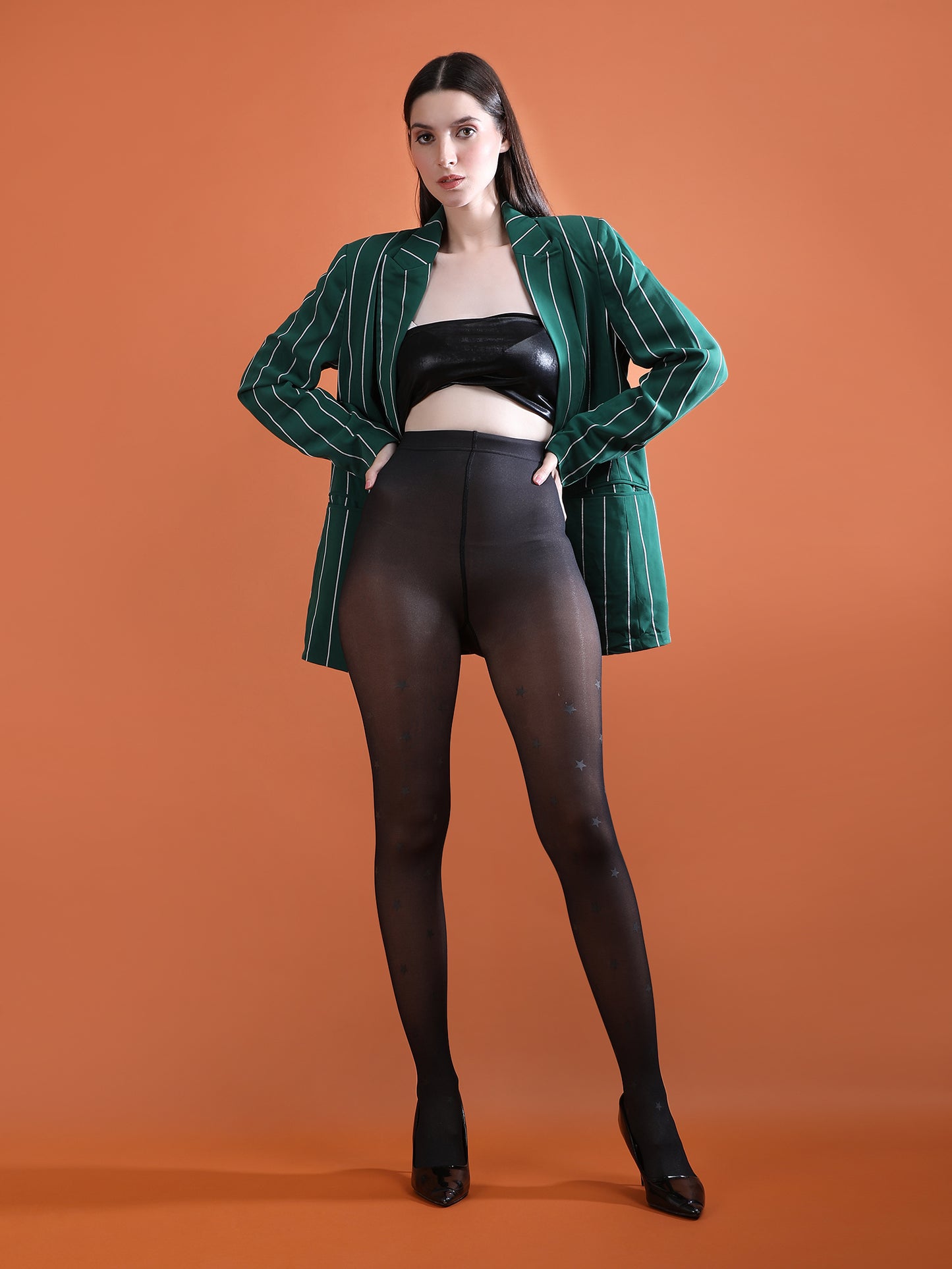 Dual-Tone Faux Sheer Star Pattern Stockings-Black