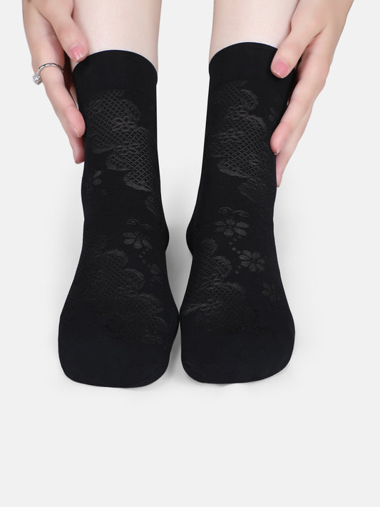 Women Nylon Opaque Ankle Length Socks Without Thumb, Mix Pattern Soft & Stretchable (Black/Skin)