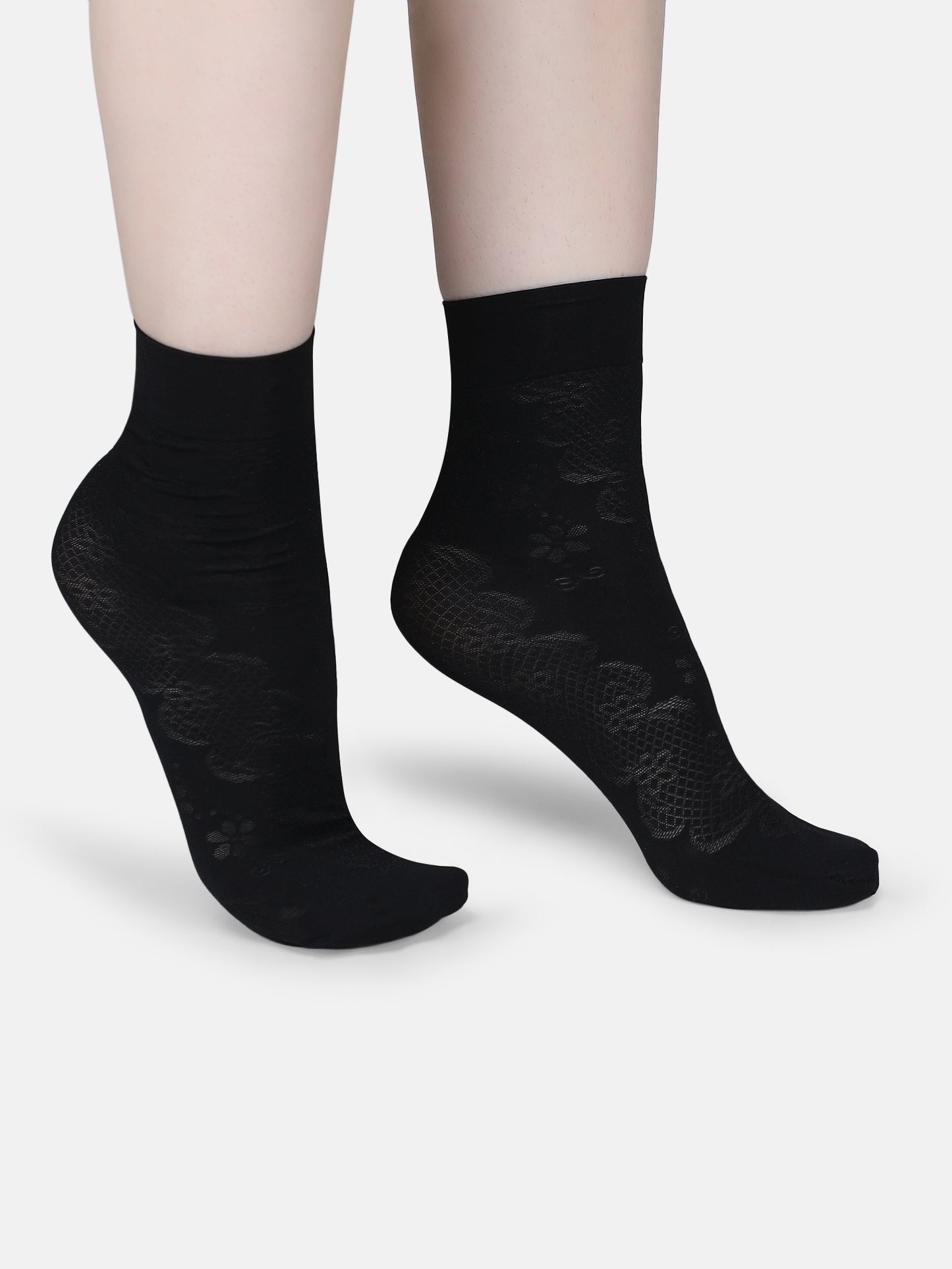 Women Nylon Opaque Ankle Length Socks Without Thumb, Mix Pattern Soft & Stretchable (Black/Skin)