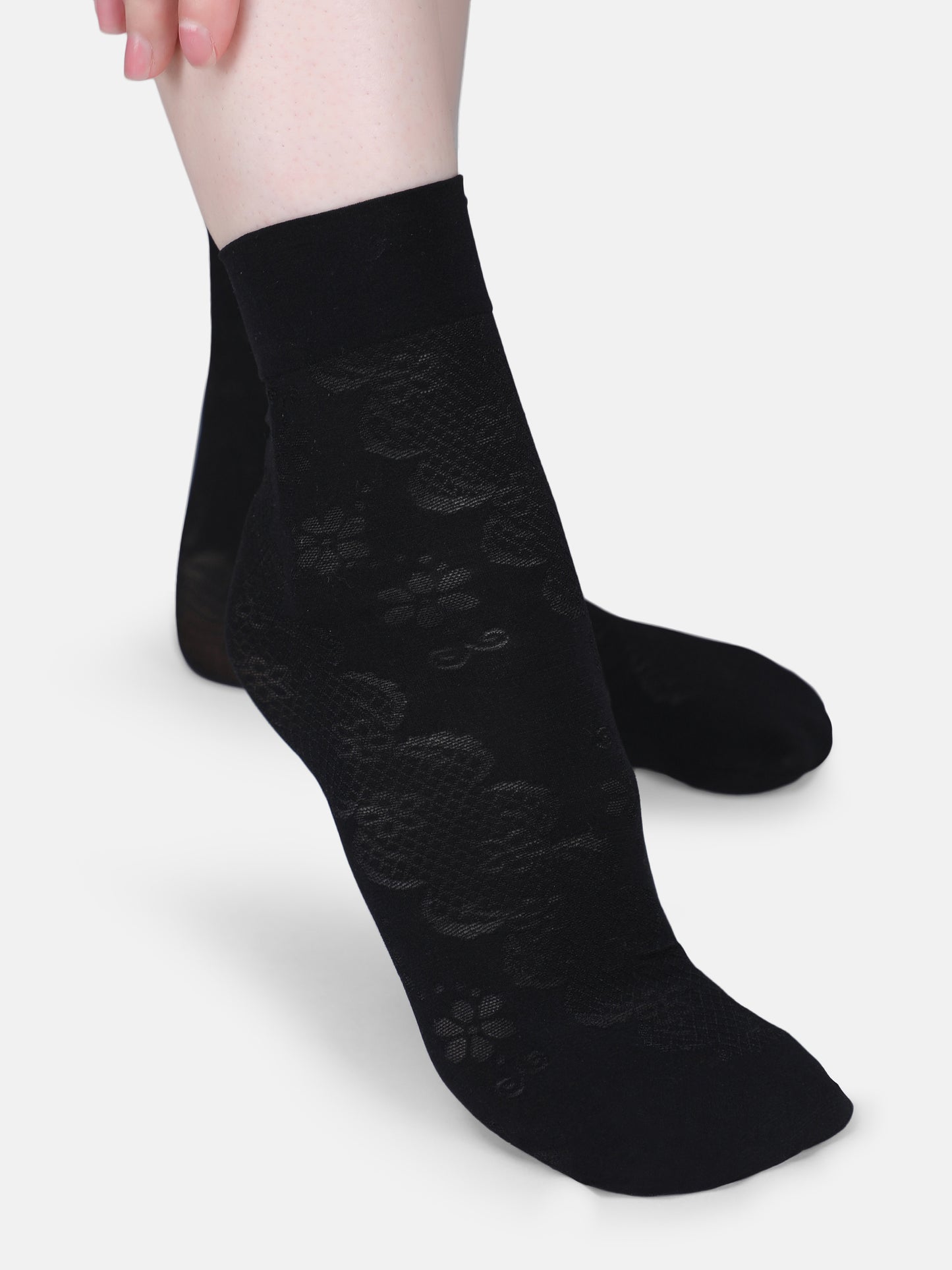 Women Nylon Opaque Ankle Length Socks Without Thumb, Mix Pattern Soft & Stretchable (Black/Skin)