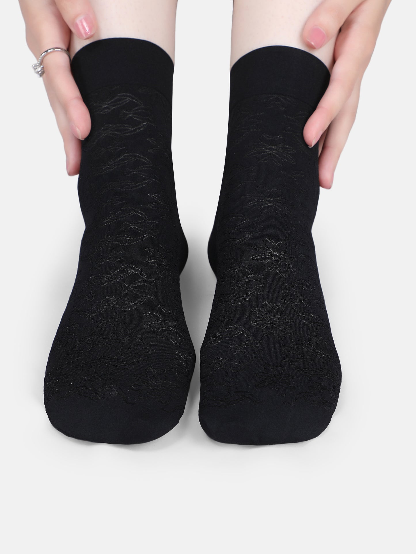Women Nylon Opaque Ankle Socks Without Thumb Soft, Stretchable Floral Pattern (Black/Skin)