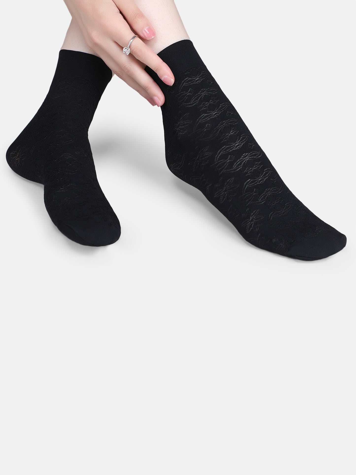 Women Nylon Opaque Ankle Socks Without Thumb Soft, Stretchable Floral Pattern (Black/Skin)