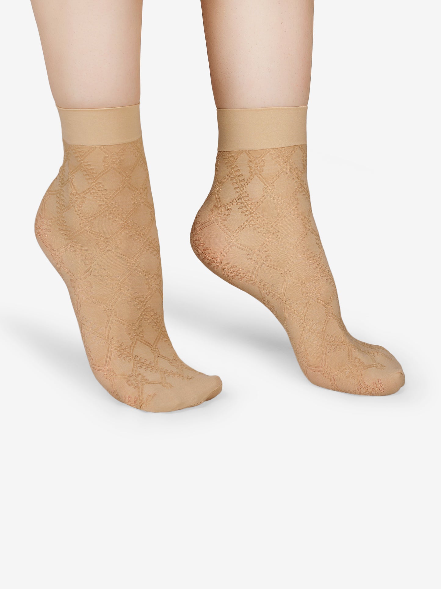 Women Nylon Opaque Geometric Floral Pattern Ankle Length Without Thumb Socks (Black/Skin)