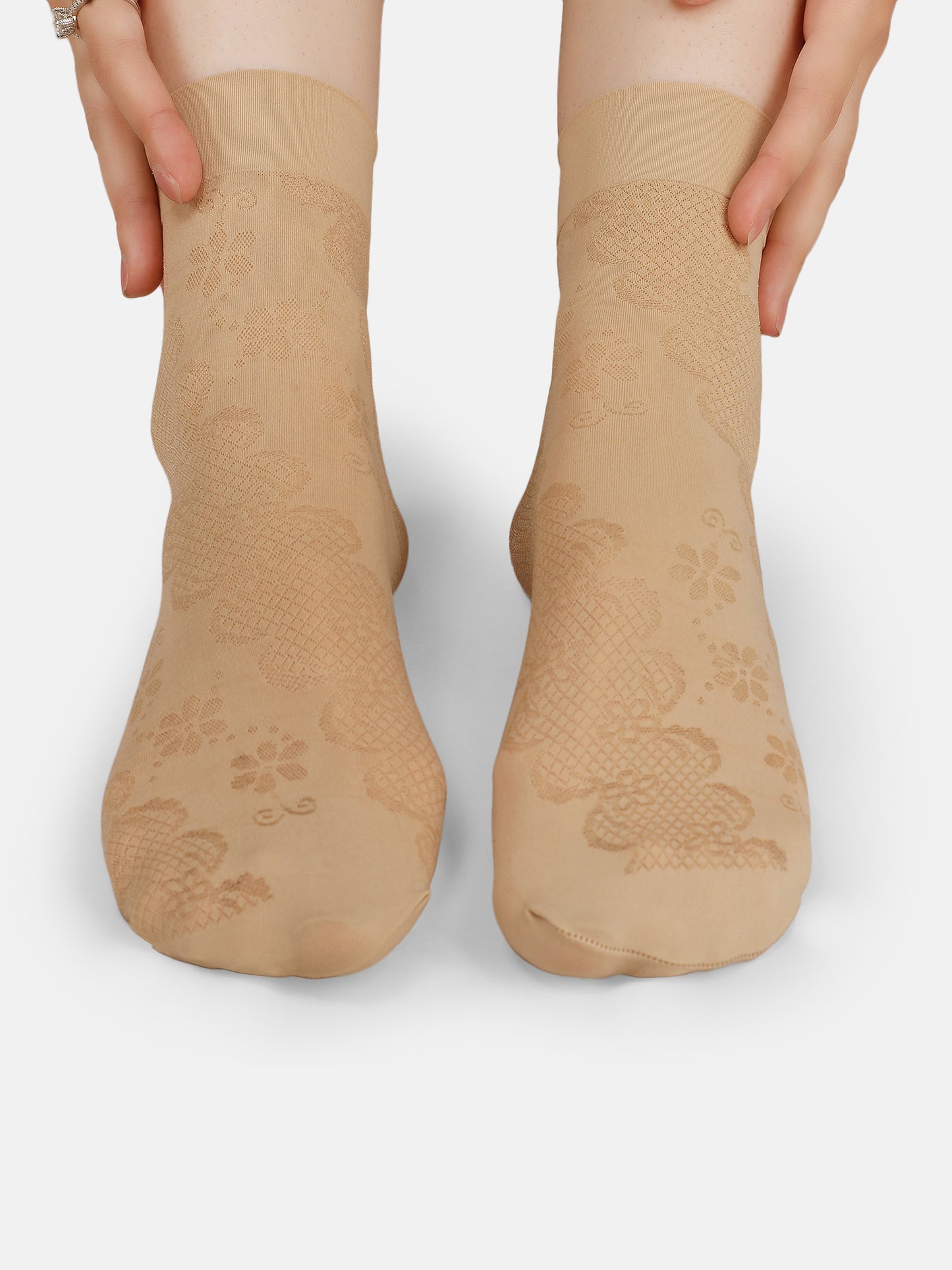 Women Nylon Opaque Ankle Length Socks Without Thumb, Mix Pattern Soft & Stretchable (Black/Skin)