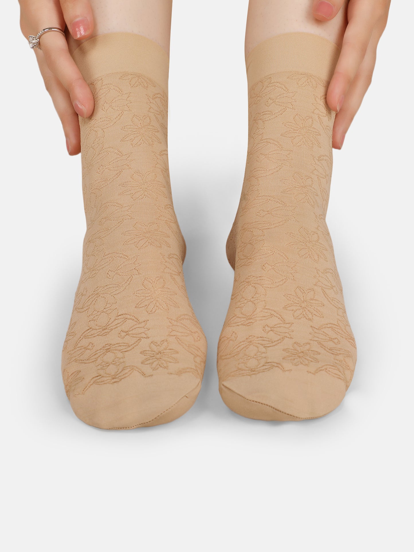 Women Nylon Opaque Ankle Socks Without Thumb Soft, Stretchable Floral Pattern (Black/Skin)