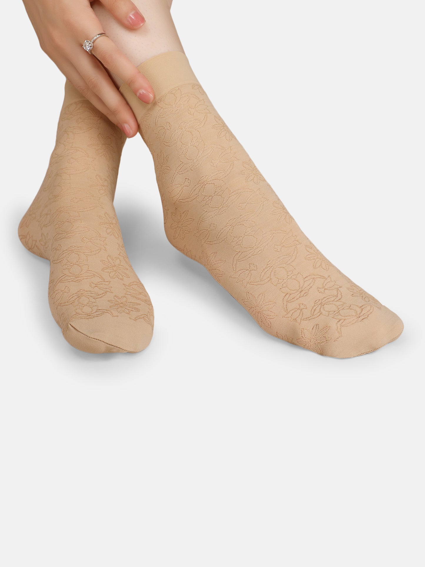 Women Nylon Opaque Ankle Socks Without Thumb Soft, Stretchable Floral Pattern (Black/Skin)