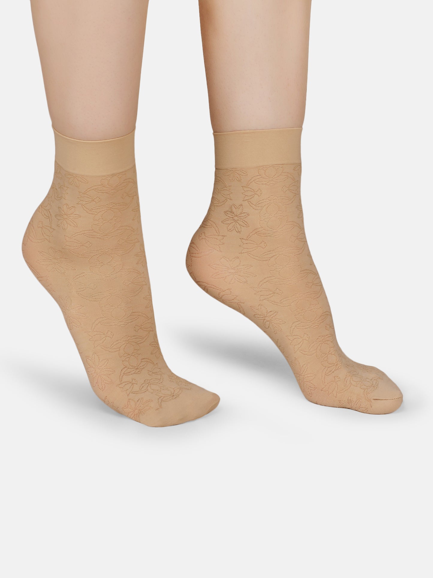 Women Nylon Opaque Ankle Socks Without Thumb Soft, Stretchable Floral Pattern (Black/Skin)