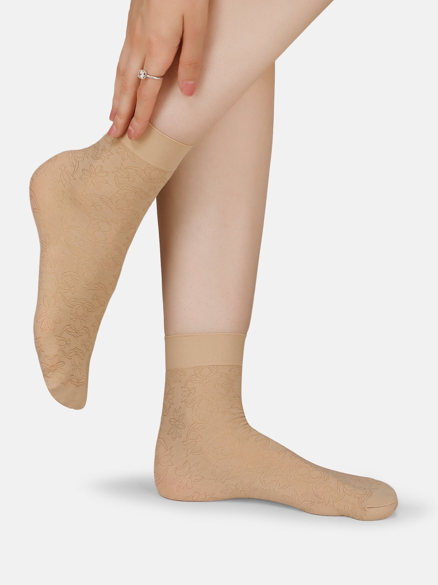 Women Nylon Opaque Ankle Socks Without Thumb Soft, Stretchable Floral Pattern (Black/Skin)