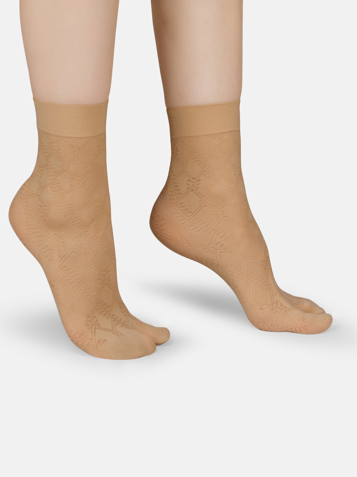Women Nylon Opaque Geometric Floral Pattern Ankle Length Thumb Socks (Black/Skin)