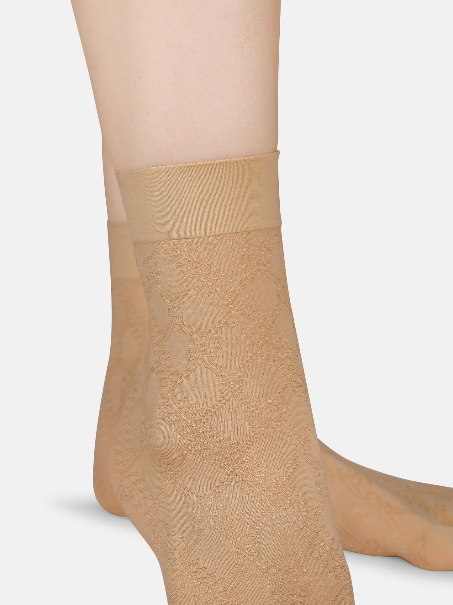 Women Nylon Opaque Geometric Floral Pattern Ankle Length Thumb Socks (Black/Skin)