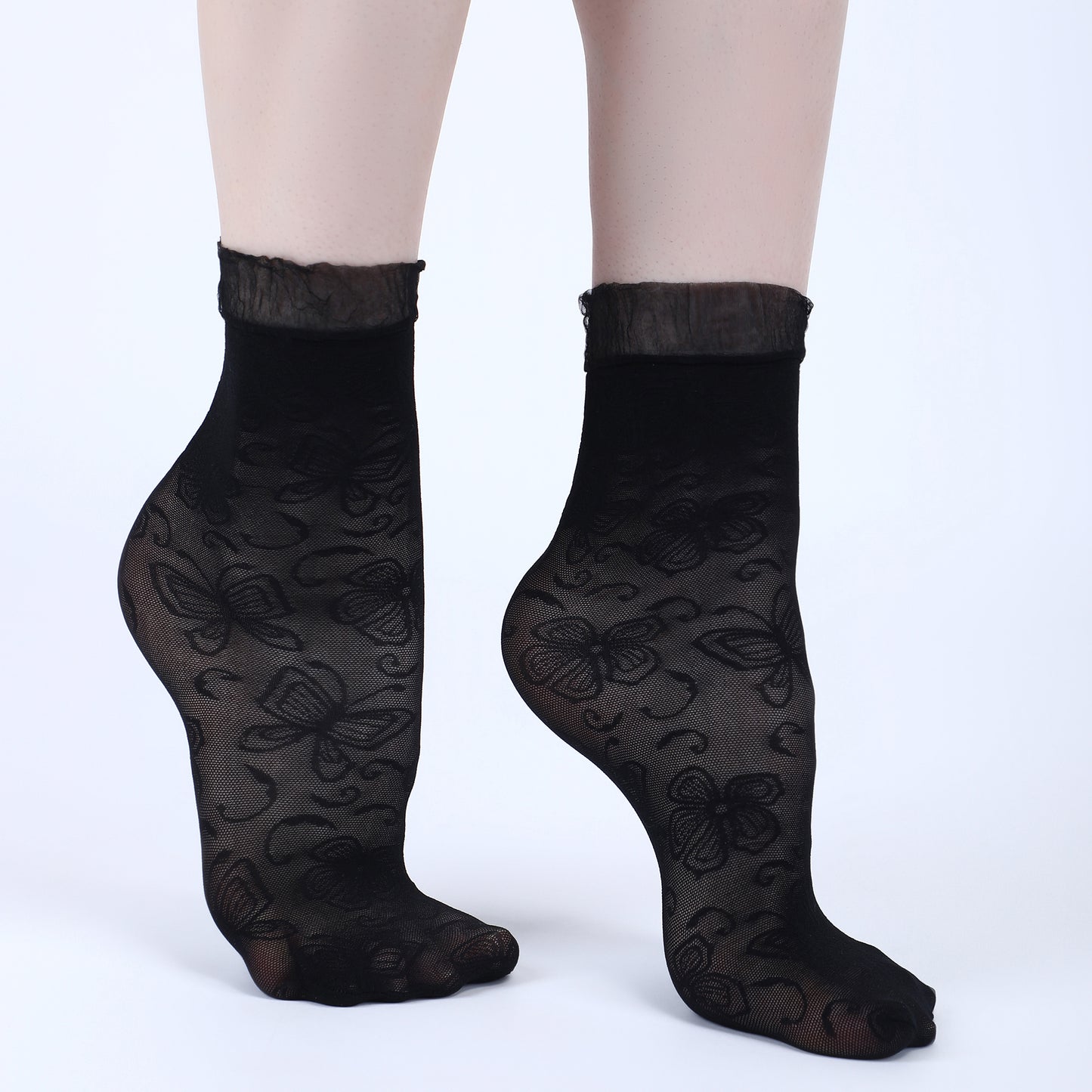 Butterfly Pattern Sheer Ankle Socks-Black