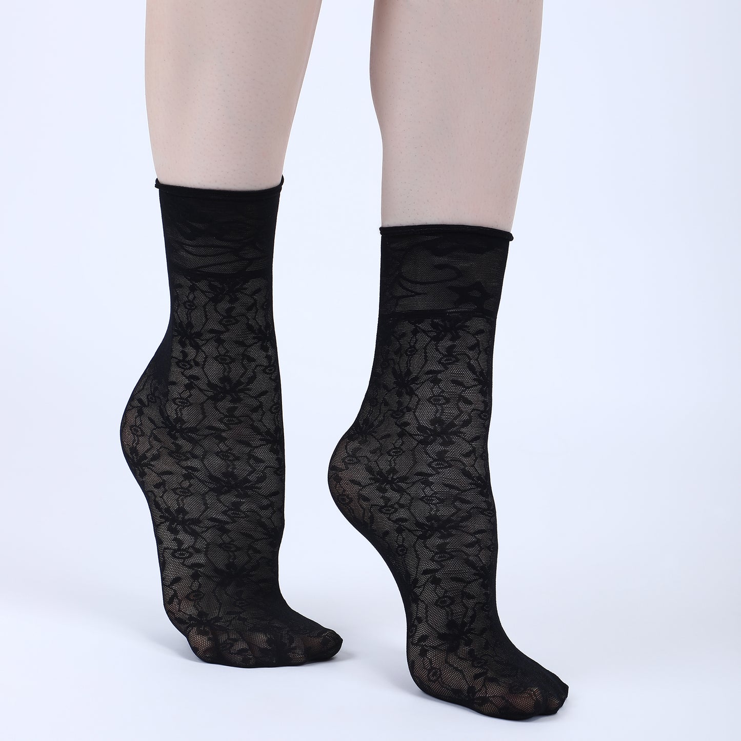 Floral Pattern Sheer Ankle Socks-Black