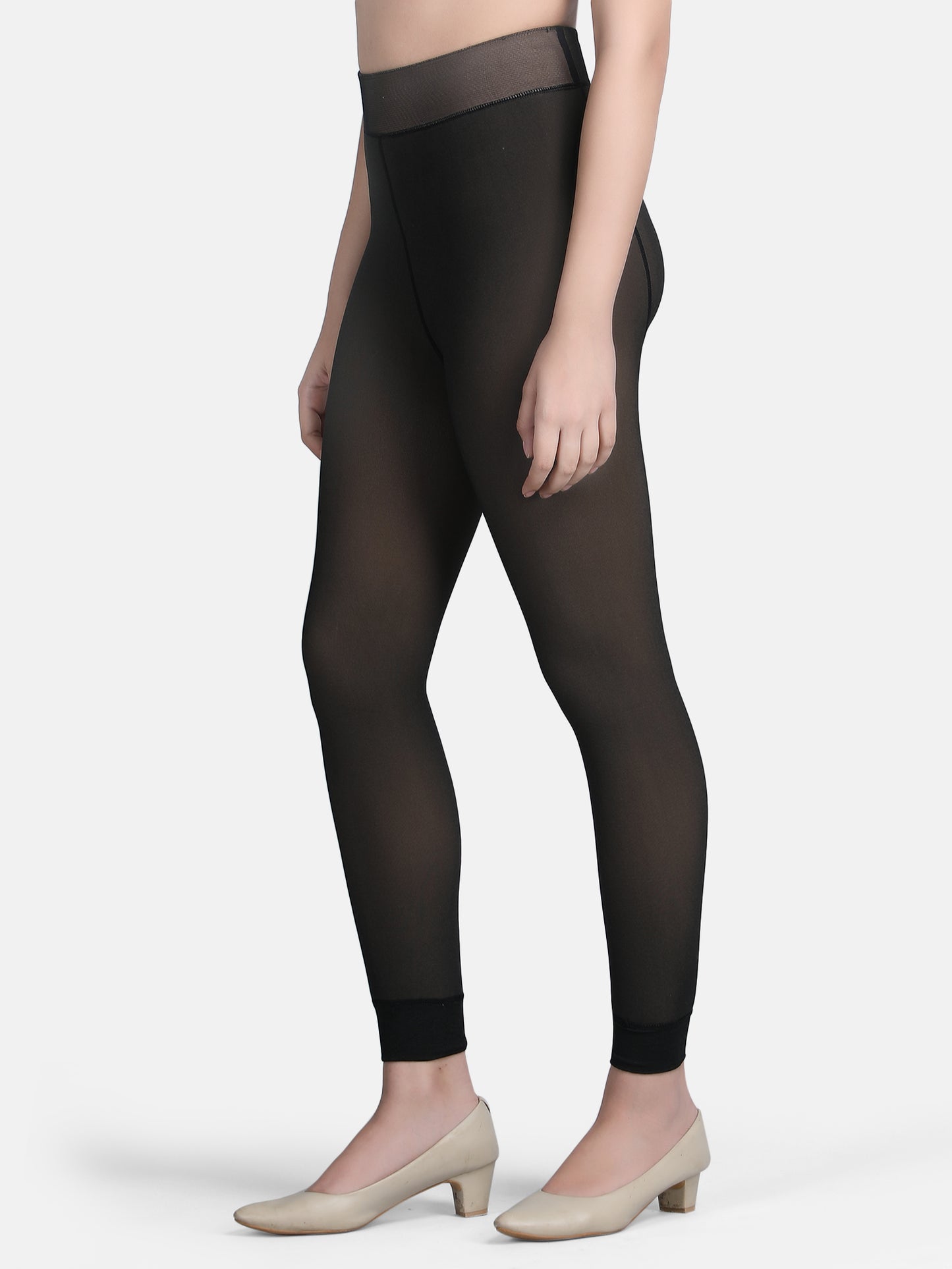 Dual Tone Fleece Footless Tights-Black