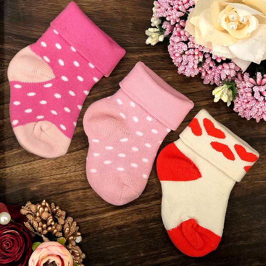 New Born Baby Cotton Terry Socks (Rose Pink:Cream:Baby Pink)