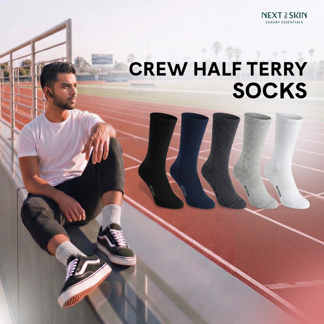 NEXT2SKIN Men Terry Half Crew Length Breathable Cotton Blend Socks (White) Pack of 3