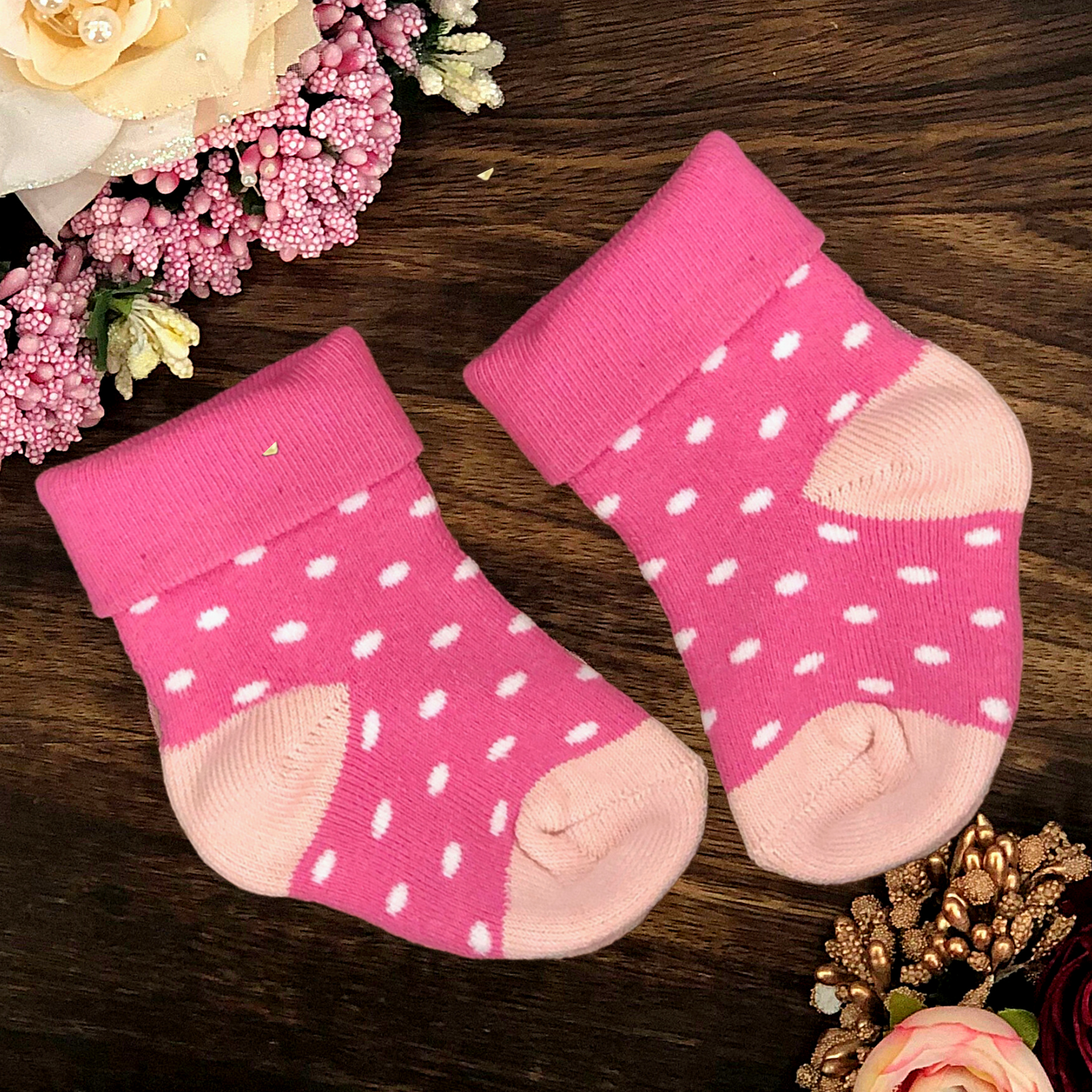 New Born Baby Cotton Terry Socks (Rose Pink:Cream:Baby Pink)