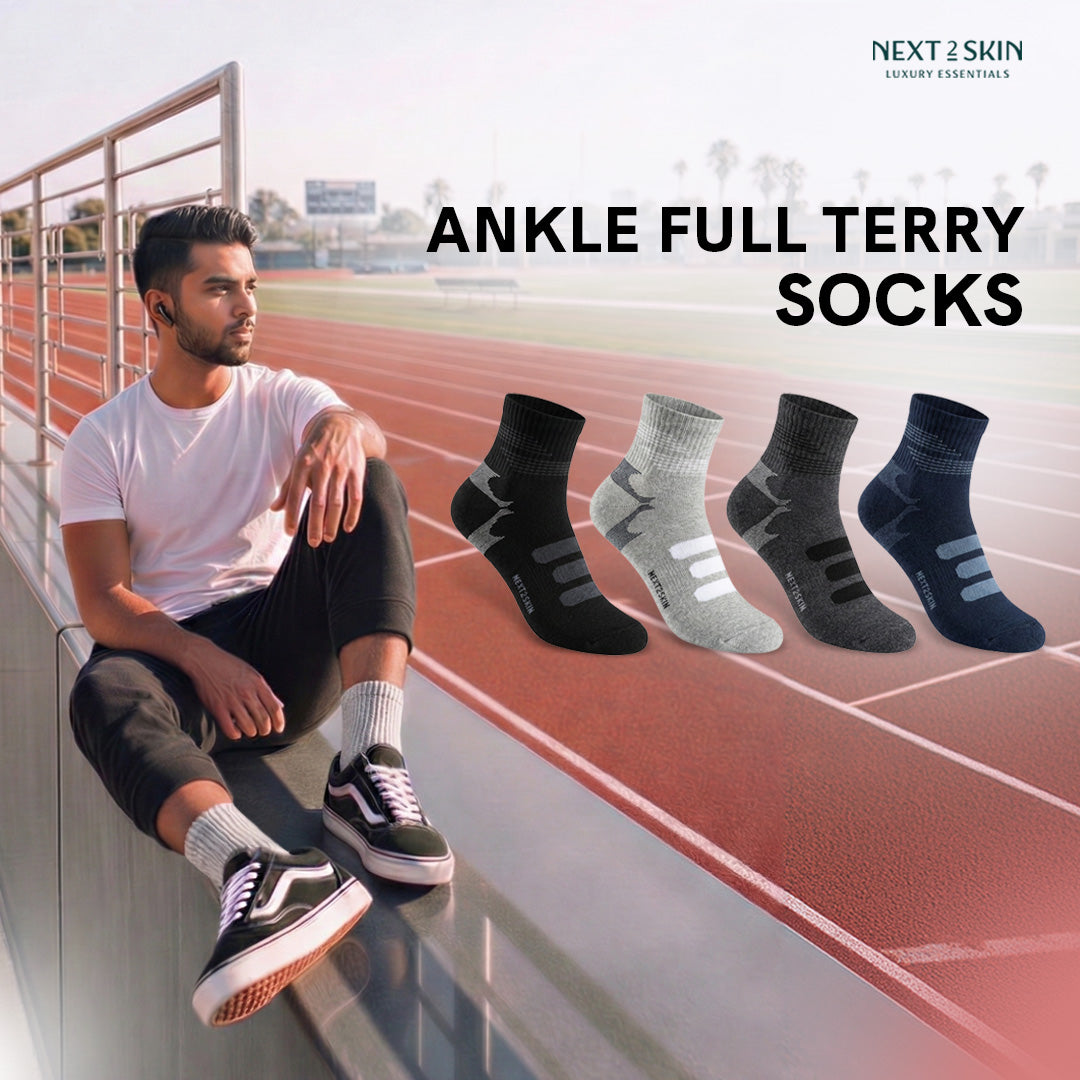 NEXT2SKIN Men Terry Full Ankle Length Breathable Cotton Blend Socks (Multicolor) Pack of 3