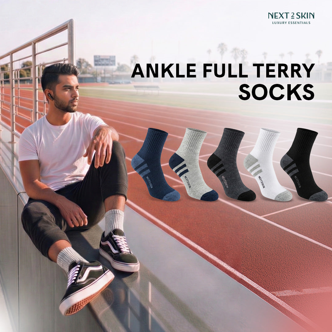 NEXT2SKIN Men Terry Full Ankle Length Breathable Cotton Blend Socks (Multicolor) Pack of 3