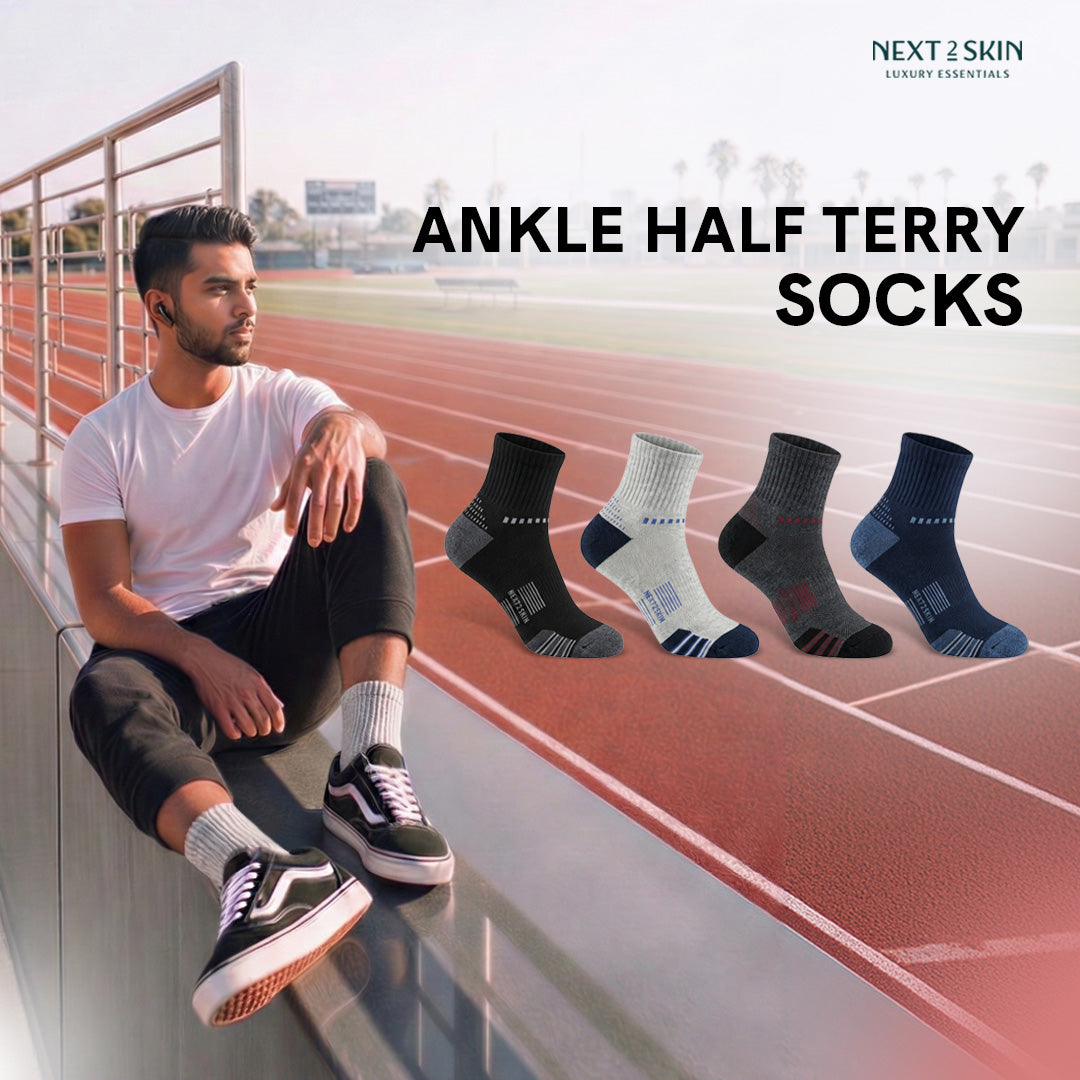 NEXT2SKIN Men Terry Half Ankle Length Breathable Cotton Blend Socks (Multicolor) Pack of 3