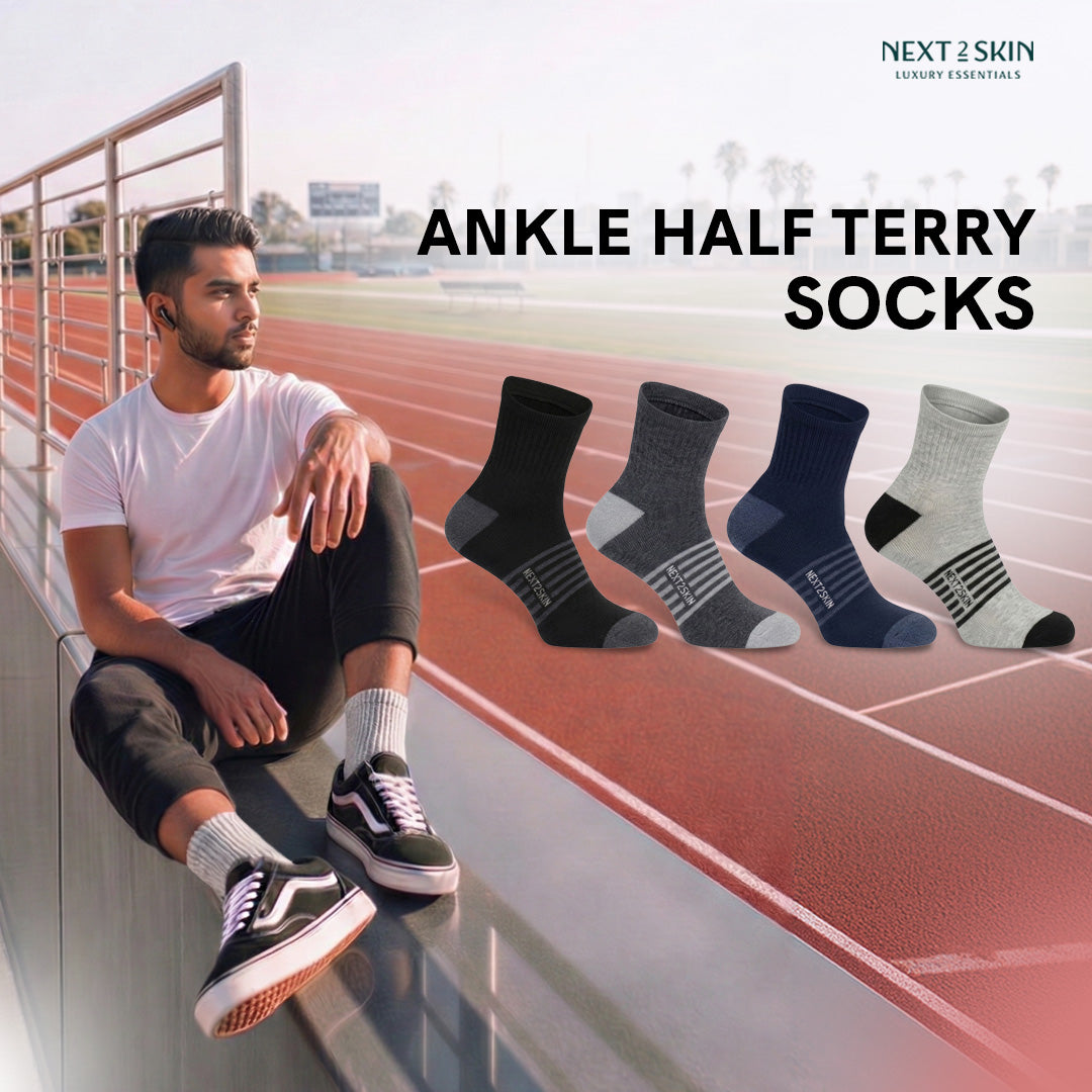 NEXT2SKIN Men Terry Half Ankle Length Breathable Cotton Blend Socks (Multicolor) Pack of 3