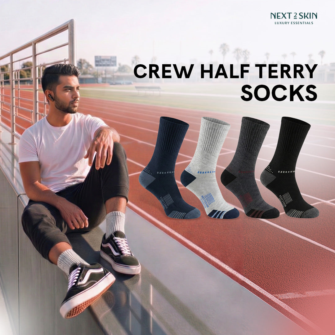 NEXT2SKIN Men Terry Half Crew Length Breathable Cotton Blend Socks (Multicolor) Pack of 3
