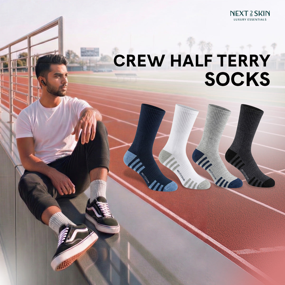 NEXT2SKIN Men Terry Half Crew Length Breathable Cotton Blend Socks (Multicolor) Pack of 3