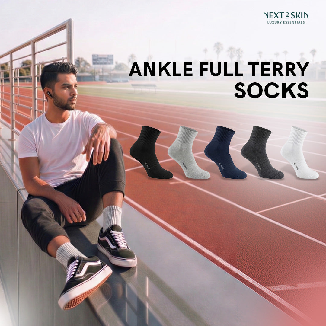 NEXT2SKIN Men Terry Full Ankle Length Breathable Cotton Blend Socks (Multicolor) Pack of 3