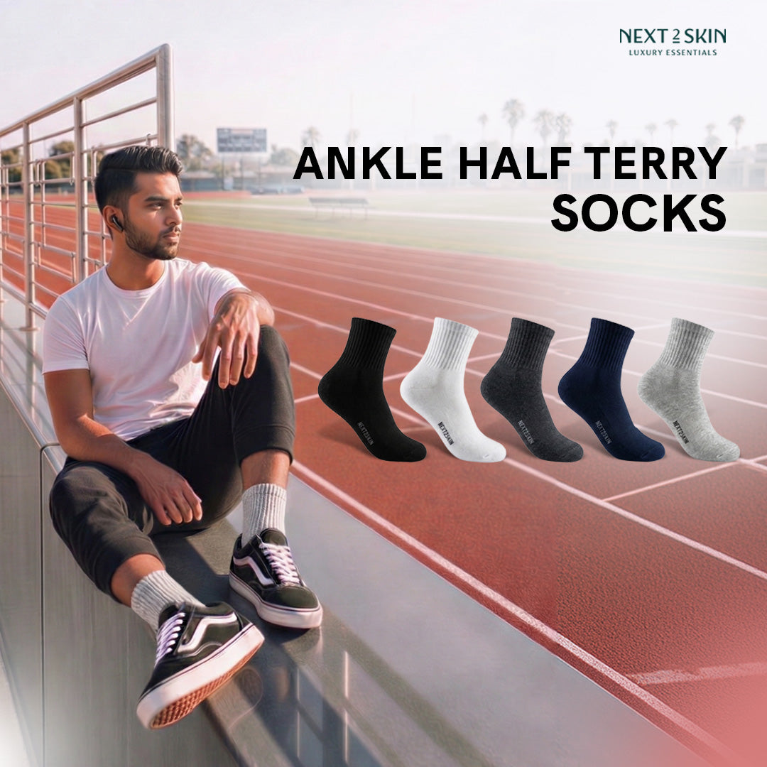 NEXT2SKIN Men Terry Half Ankle Length Breathable Cotton Blend Socks (Multicolor) Pack of 3
