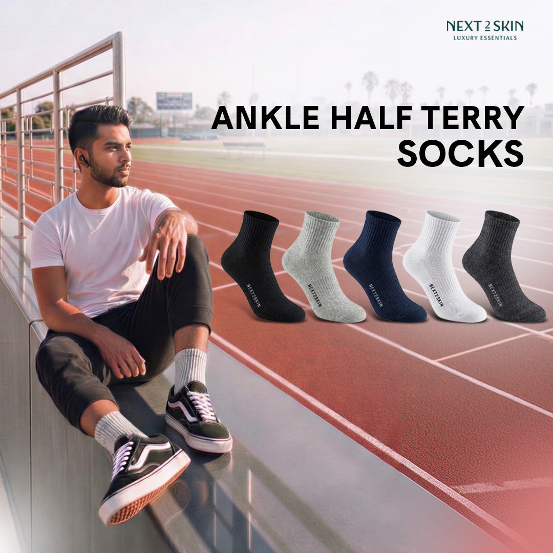 NEXT2SKIN Men Terry Half Ankle Length Breathable Cotton Blend Socks (Multicolor) Pack of 3