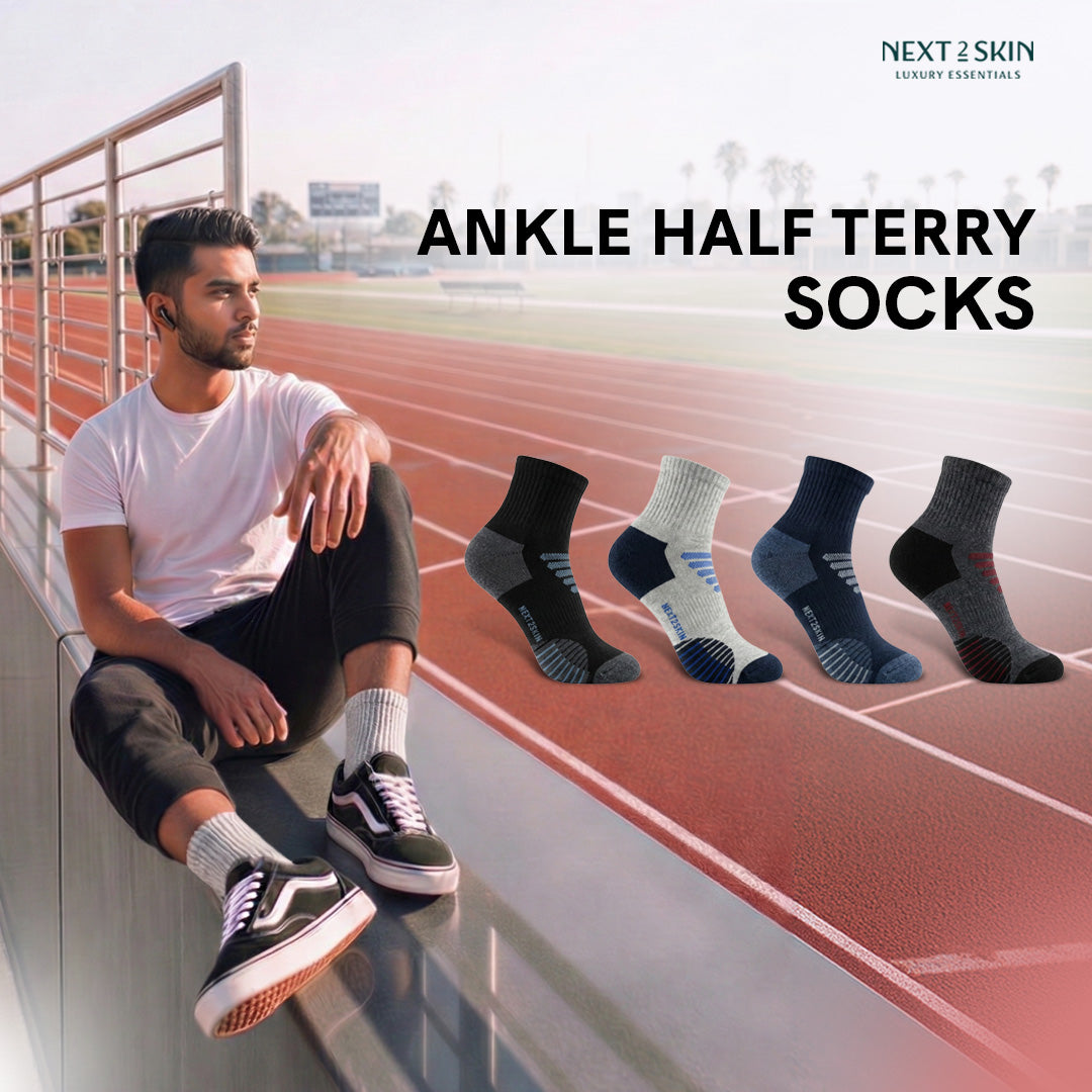 NEXT2SKIN Men Terry Half Ankle Length Breathable Cotton Blend Socks (Multicolor) Pack of 3