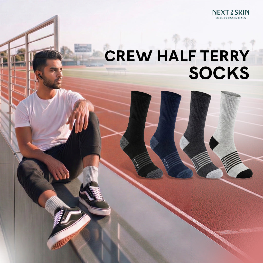 NEXT2SKIN Men Terry Half Crew Length Breathable Cotton Blend Socks (Multicolor) Pack of 3