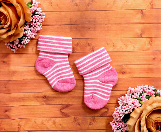 New Born Baby Stripes Cotton Socks (Pink)