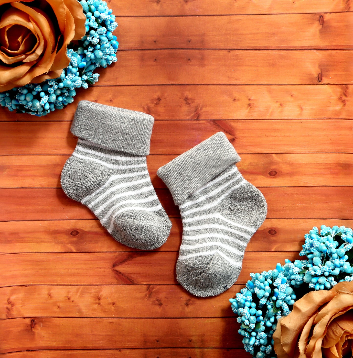 New Born Baby Stripes Cotton Socks (Grey)